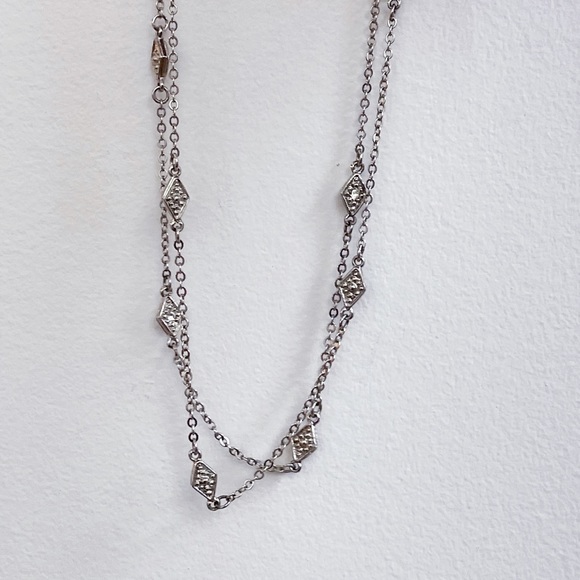 Art Deco Style NY Tag Silver Tone Diamond Shape CZ Double Chain Necklace 15.5” - Picture 7 of 10